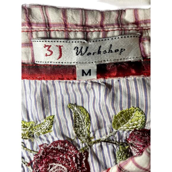 3J Workshop by Johnny Was Red Plaid Button Down Shirt/Embroidered Floral Roses - Picture 6 of 9